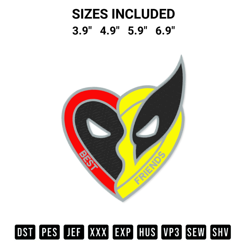 Download the Deadpool And Wolverine Best Friends Heart Embroidery Design machine embroidery design exclusively at Designspacks.com. Premium digitized pattern for apparel and DIY crafts. Available sizes: 3.9", 4.9", 5.9", 6.9".