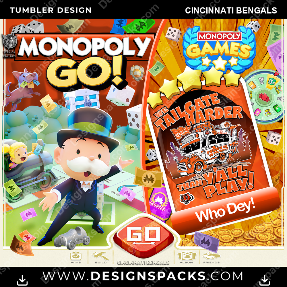 Football Monopoly Go! Cincinnati Bengals Tumbler Digital Wrap Design