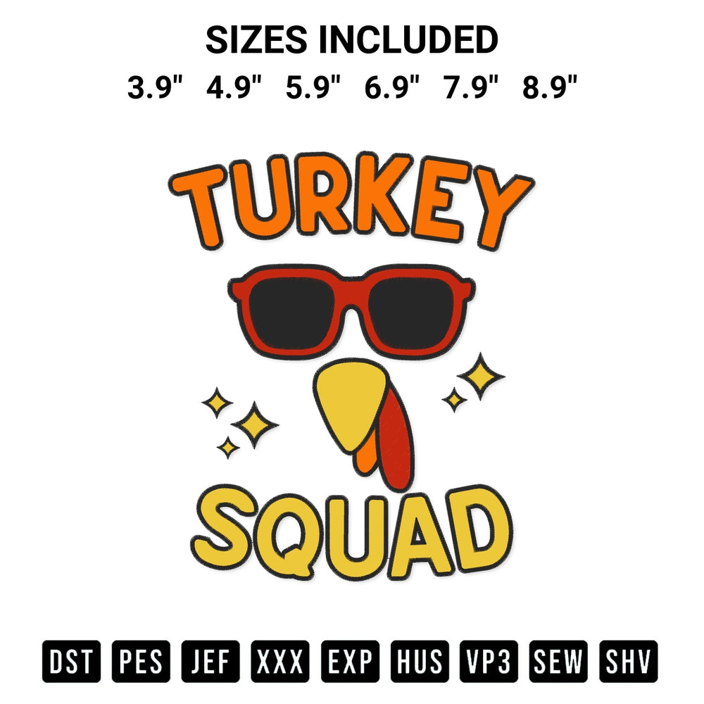 Download the Turkey Squad Embroidery Design machine embroidery design exclusively at Designspacks.com. Premium digitized pattern for apparel and DIY crafts. Available sizes: 3.9", 4.9", 5.9", 6.9", 7.9", 8.9".