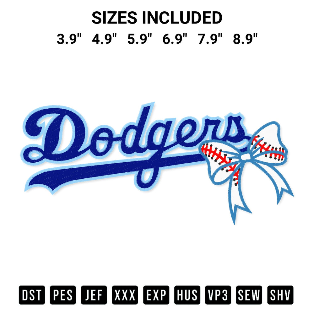 Looking for the perfect pattern? Download the Dodgers With Bow Baseball Embroidery Design embroidery design today at Designspacks.com. Crisp, clean stitching guaranteed. Available sizes: 3.9", 4.9", 5.9", 6.9", 7.9", 8.9".