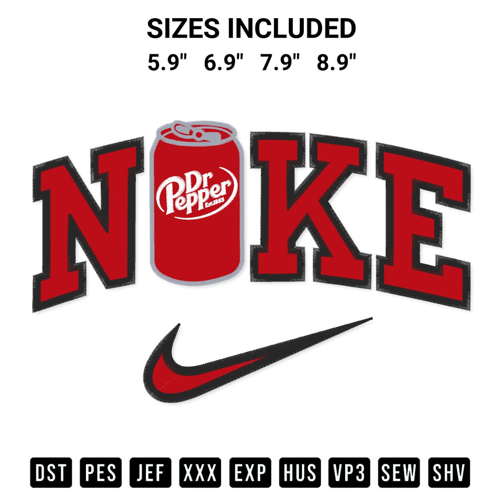 Discover the perfect addition to your crafting collection: Dr Pepper X Nike Embroidery Design embroidery file. Instantly available at Designspacks.com. Available sizes: 5.9", 6.9", 7.9", 8.9".