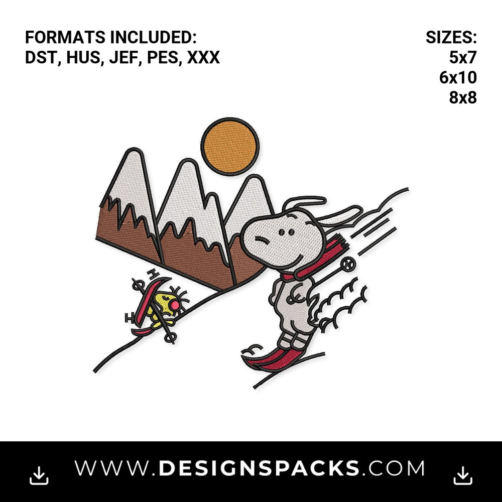Skiing Dog and Bird Mountain Scene Embroidery Design - Instant digital download pattern at Designspacks.com