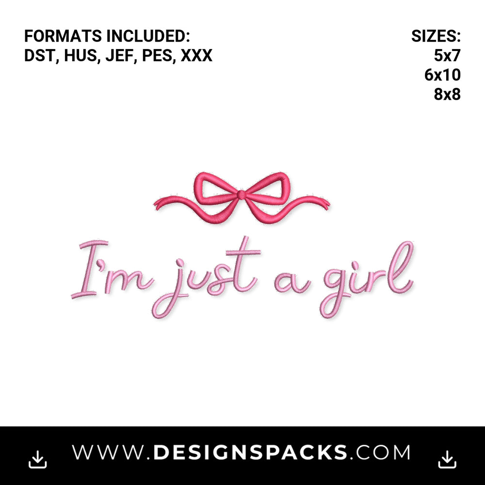 I'm Just A Girl Coquette Pink Bow Embroidery Design - Instant digital download pattern at Designspacks.com