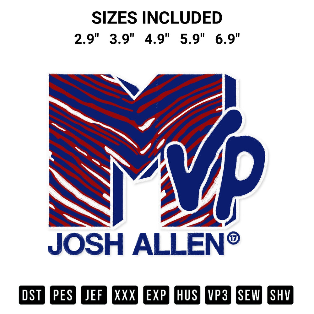 Add a unique touch to your apparel with the Josh Allen Mvp Embroidery Design embroidery file. Premium instant download available now on Designspacks.com. Available sizes: 2.9", 3.9", 4.9", 5.9", 6.9".