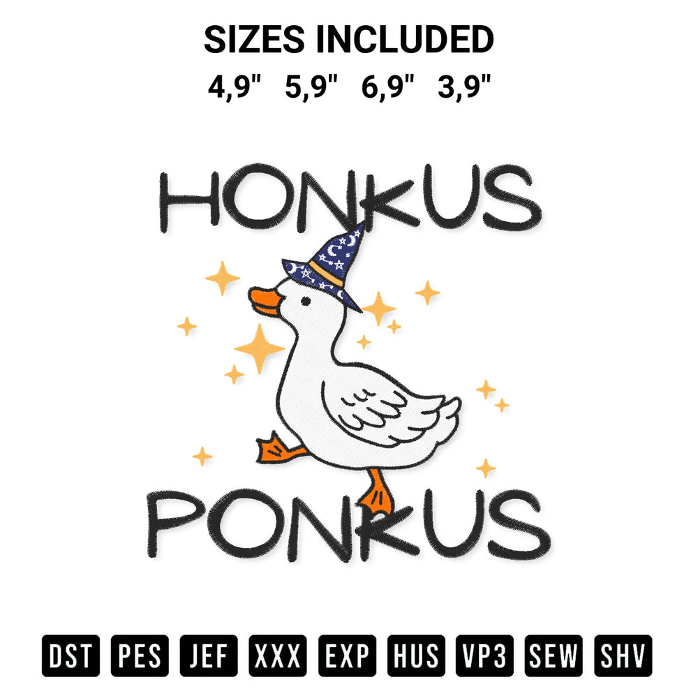 Get the Honkus Ponkus Happy Waddling Halloween Witch Duck Funny Logo Embroidery Design embroidery design for your custom crafts! Premium digitized files available for instant download at Designspacks.com. Available sizes: 4,9", 5,9", 6,9", 3,9".