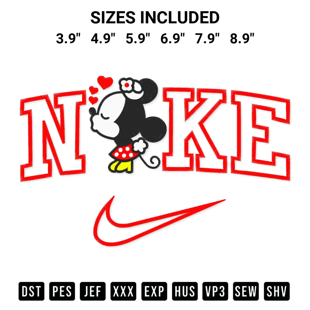 Stitch like a pro with the Mini Minnie Mouse Valentine X Nike Embroidery Design embroidery pattern from Designspacks.com. High-quality digital machine embroidery file. Available sizes: 3.9", 4.9", 5.9", 6.9", 7.9", 8.9".