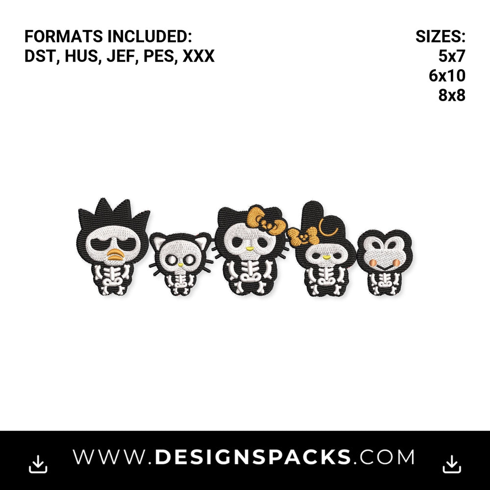 Halloween Kitty & Friends Skeletons Embroidery Design - Instant digital download pattern at Designspacks.com