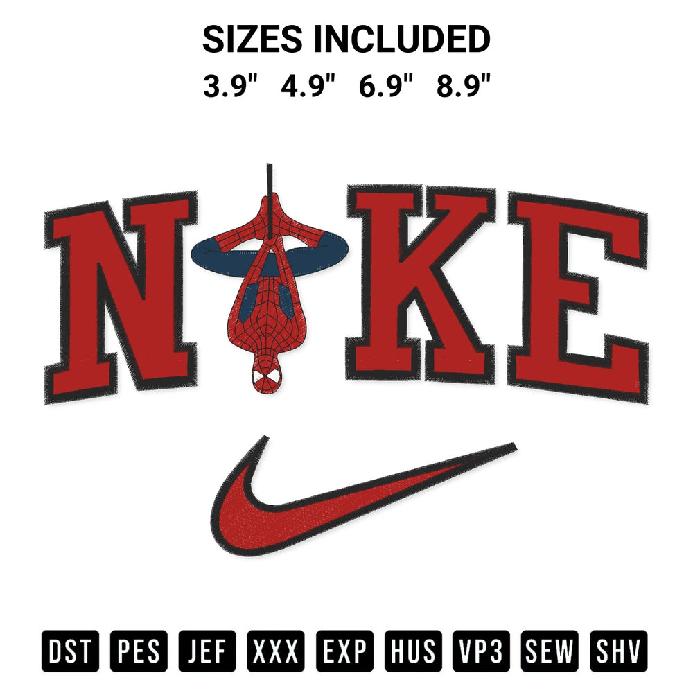 Stitch like a pro with the Spider Man Nike Embroidery Design embroidery pattern from Designspacks.com. High-quality digital machine embroidery file. Available sizes: 3.9", 4.9", 6.9", 8.9".