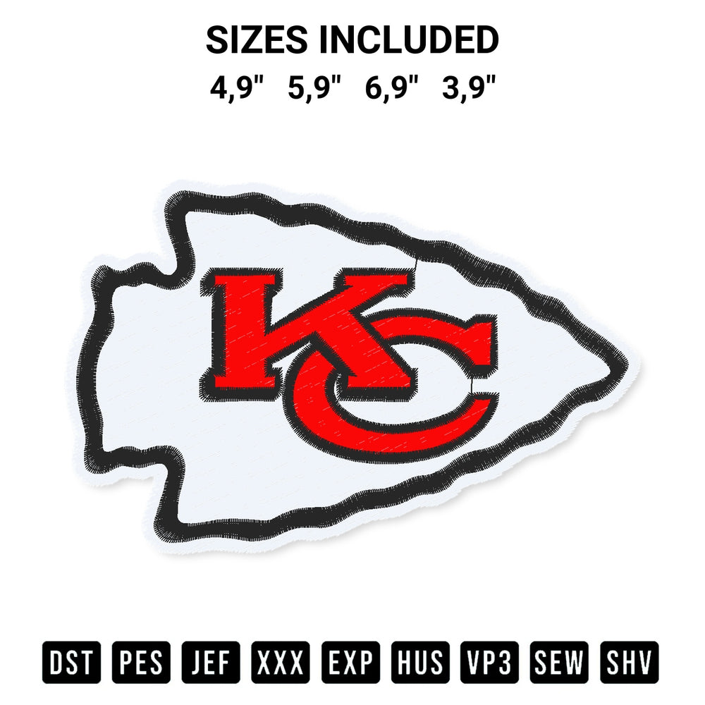 Get the Kansas City Chiefs Logo Embroidery Design embroidery design for your custom crafts! Premium digitized files available for instant download at Designspacks.com. Available sizes: 4,9", 5,9", 6,9", 3,9".