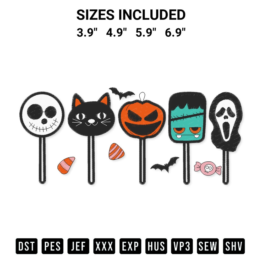 Create amazing crafts with the Halloween Lollipops Horror Embroidery Design embroidery file. High-quality digital download from Designspacks.com, perfect for beginners and pros. Available sizes: 3.9", 4.9", 5.9", 6.9".