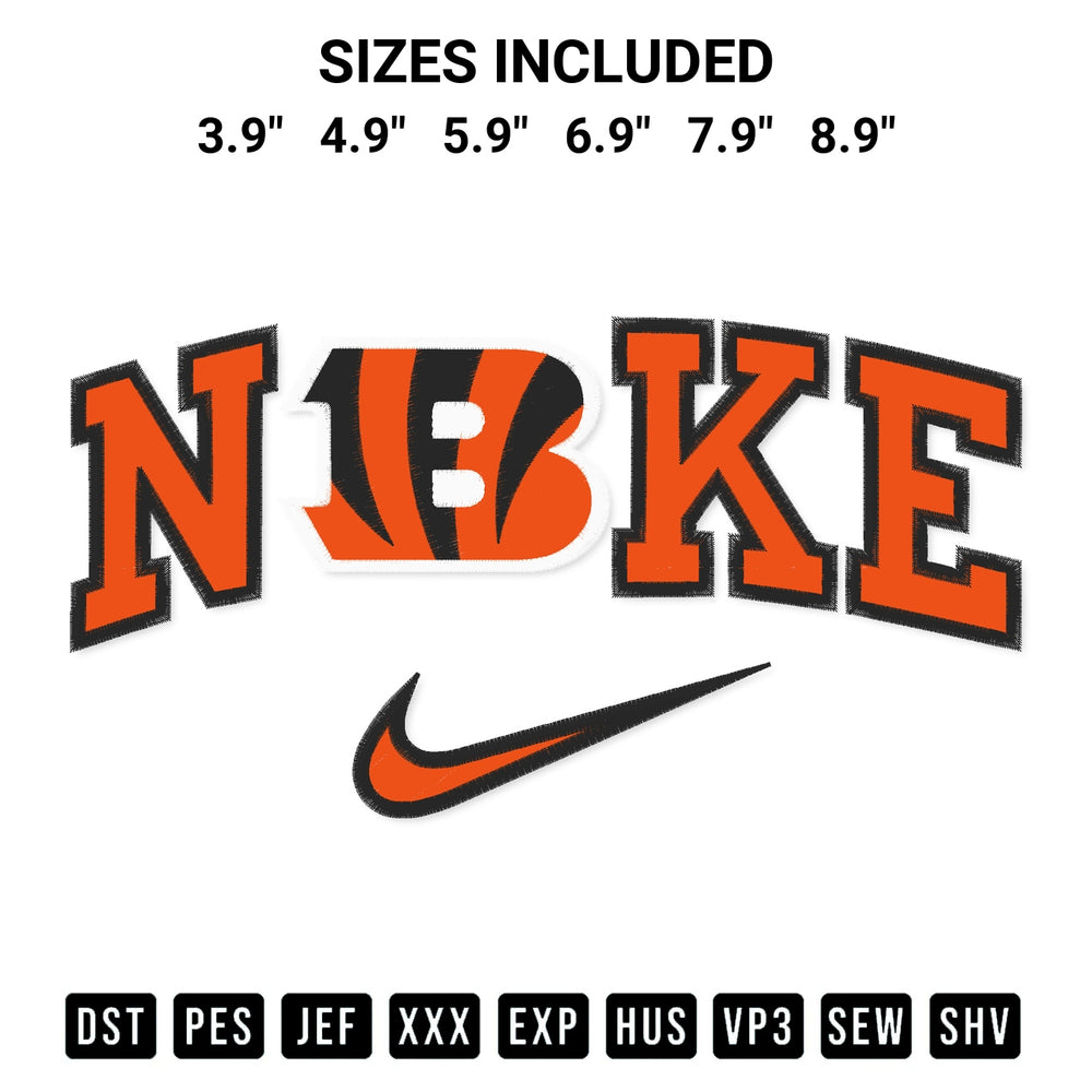 Download the Nike Cincinnati Bengals Embroidery Design machine embroidery design exclusively at Designspacks.com. Premium digitized pattern for apparel and DIY crafts. Available sizes: 3.9", 4.9", 5.9", 6.9", 7.9", 8.9".