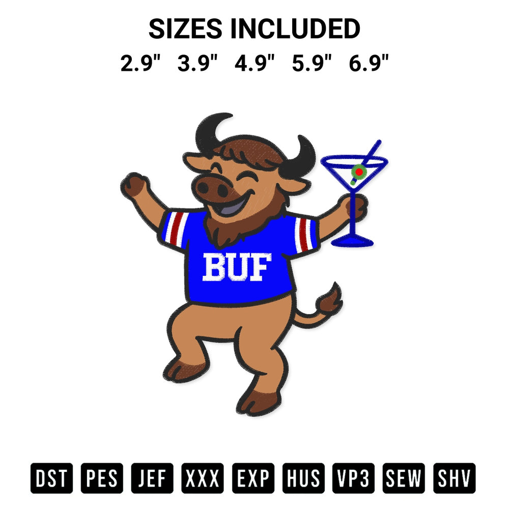 Shop the Buffalo Mascot With Martini Embroidery Design machine embroidery pattern at Designspacks.com. Beautifully digitized for flawless stitching on any fabric. Available sizes: 2.9", 3.9", 4.9", 5.9", 6.9".