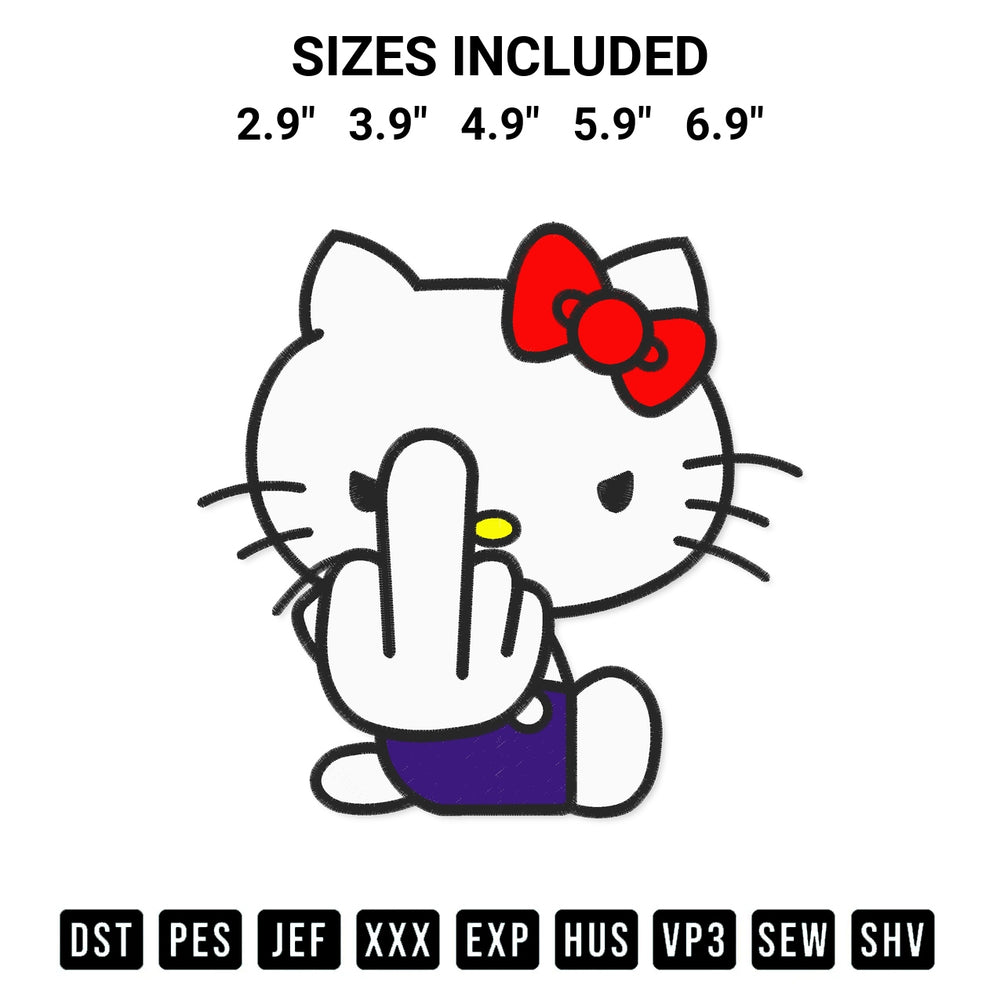 Looking for the perfect pattern? Download the Hello Kitty Middle Finger Funny Embroidery Design embroidery design today at Designspacks.com. Crisp, clean stitching guaranteed. Available sizes: 2.9", 3.9", 4.9", 5.9", 6.9".