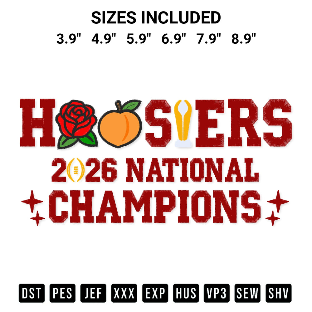 Looking for the perfect pattern? Download the Hoosiers 2026 National Champions Embroidery Design embroidery design today at Designspacks.com. Crisp, clean stitching guaranteed. Available sizes: 3.9", 4.9", 5.9", 6.9", 7.9", 8.9".