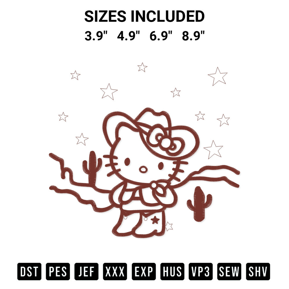 Get the Hello Kitty Desert Rodeo Embroidery Design embroidery design for your custom crafts! Premium digitized files available for instant download at Designspacks.com. Available sizes: 3.9", 4.9", 6.9", 8.9".