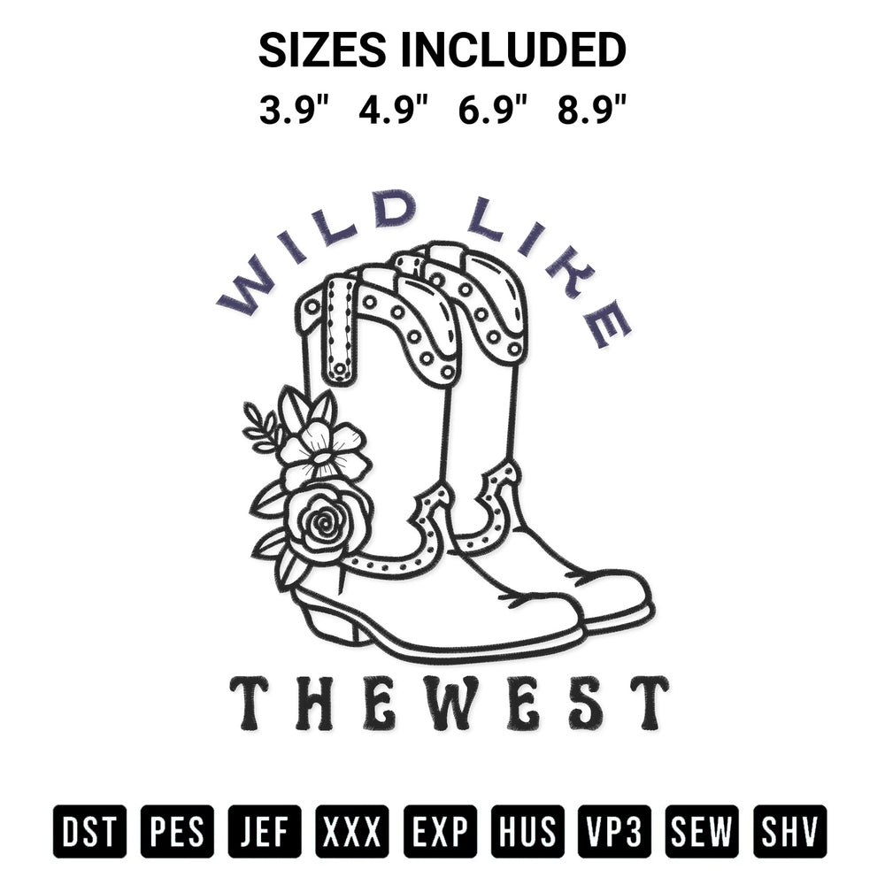 Add a unique touch to your apparel with the Wild Like The West Embroidery Design embroidery file. Premium instant download available now on Designspacks.com. Available sizes: 3.9", 4.9", 6.9", 8.9".