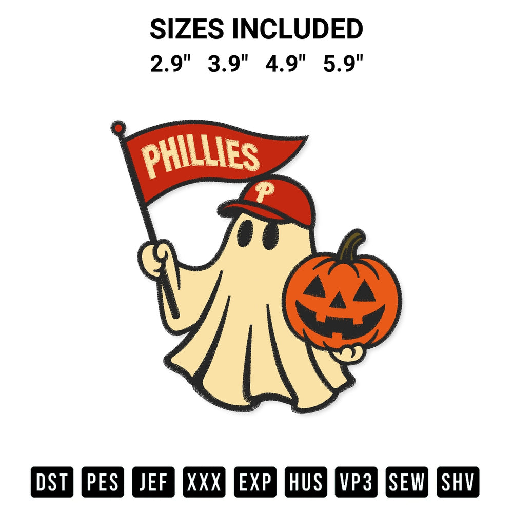 Stitch like a pro with the Philadelphia Phillies Halloween Ghost With Pumpkin Embroidery Design embroidery pattern from Designspacks.com. High-quality digital machine embroidery file. Available sizes: 2.9", 3.9", 4.9", 5.9".