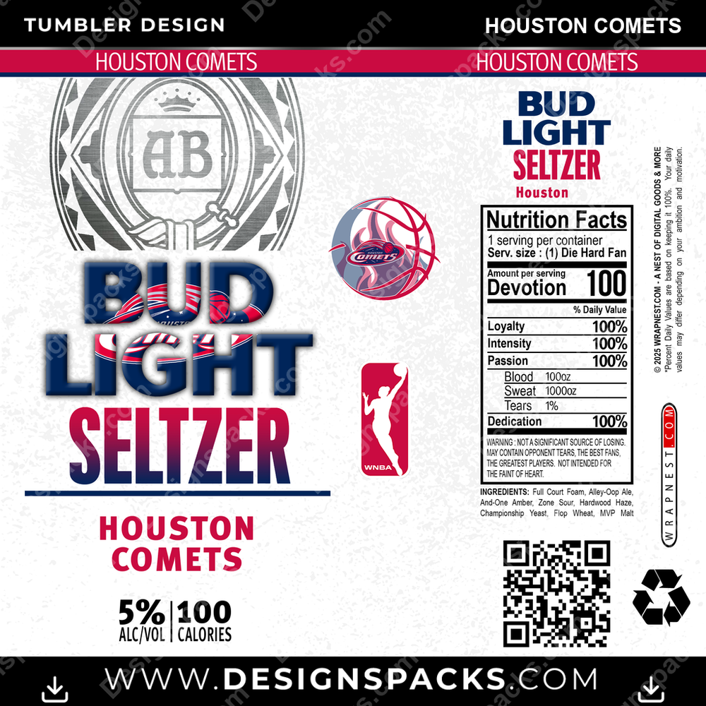 Basketball Bud Light Seltzer Houston Comets Tumbler Digital Wrap Design