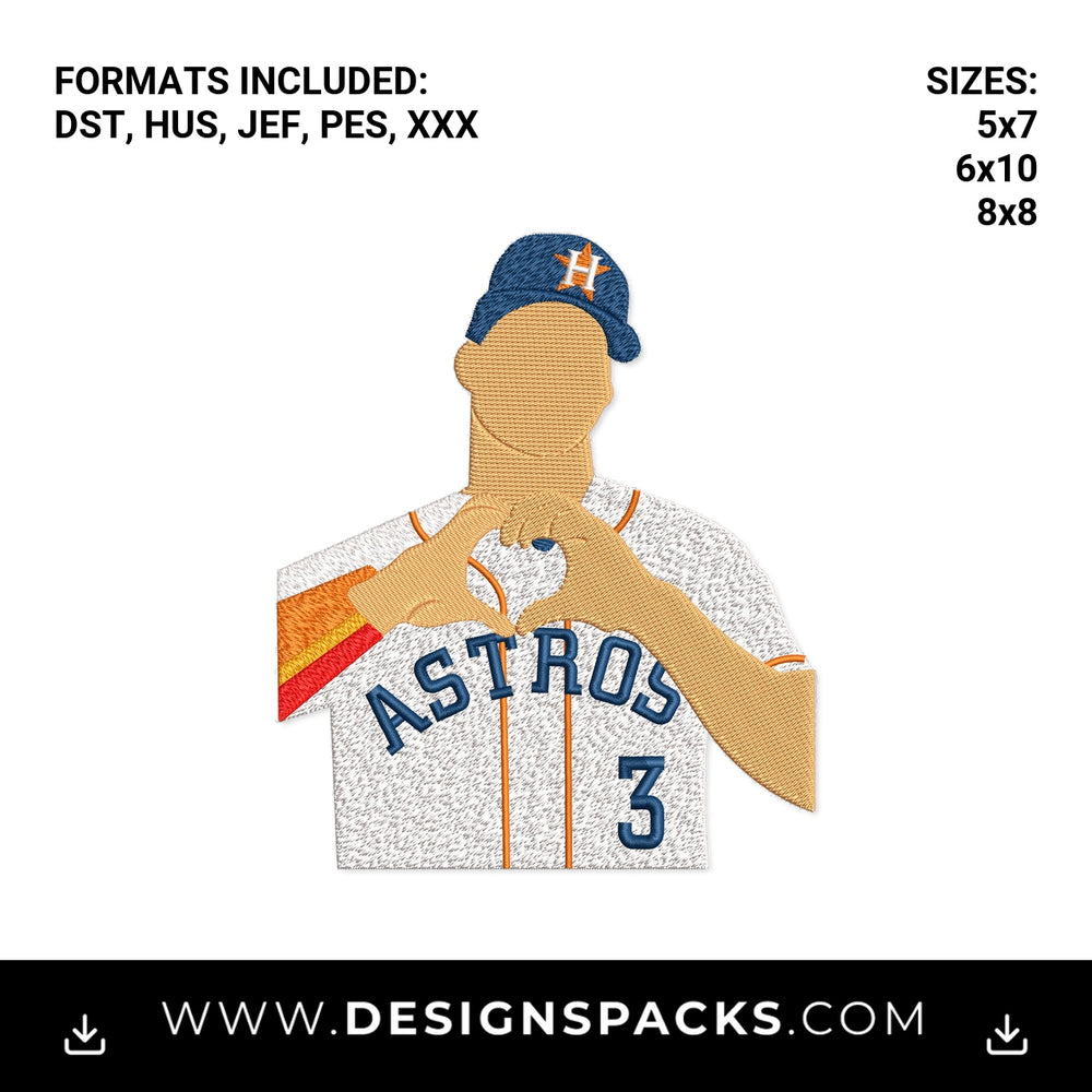 Houston Astros #3 Player Heart Hands Embroidery Design - Instant digital download pattern at Designspacks.com