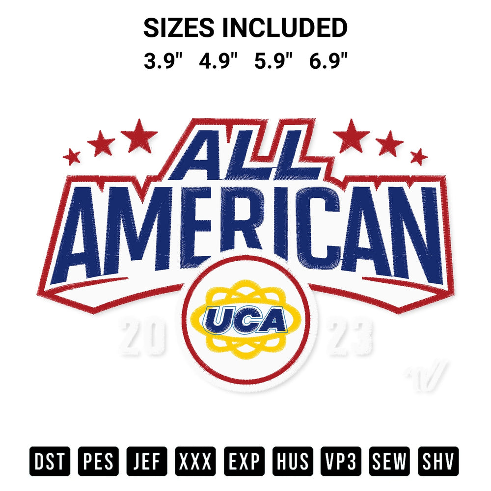 Shop the Uca All American 2023 Embroidery Design machine embroidery pattern at Designspacks.com. Beautifully digitized for flawless stitching on any fabric. Available sizes: 3.9", 4.9", 5.9", 6.9".