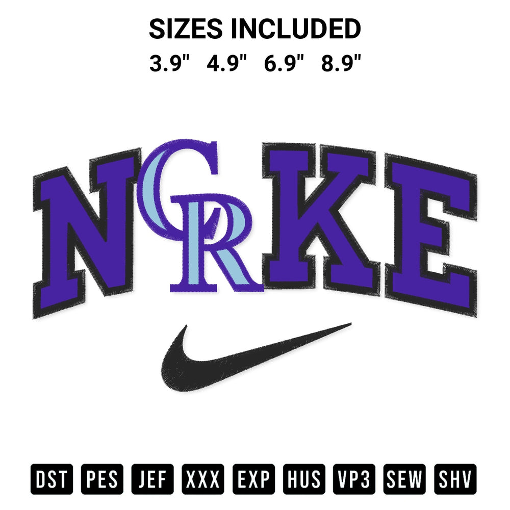Transform your fabrics with the Colorado Rockies X Nike Embroidery Design embroidery design. Instant access to premium digitized patterns at Designspacks.com. Available sizes: 3.9", 4.9", 6.9", 8.9".