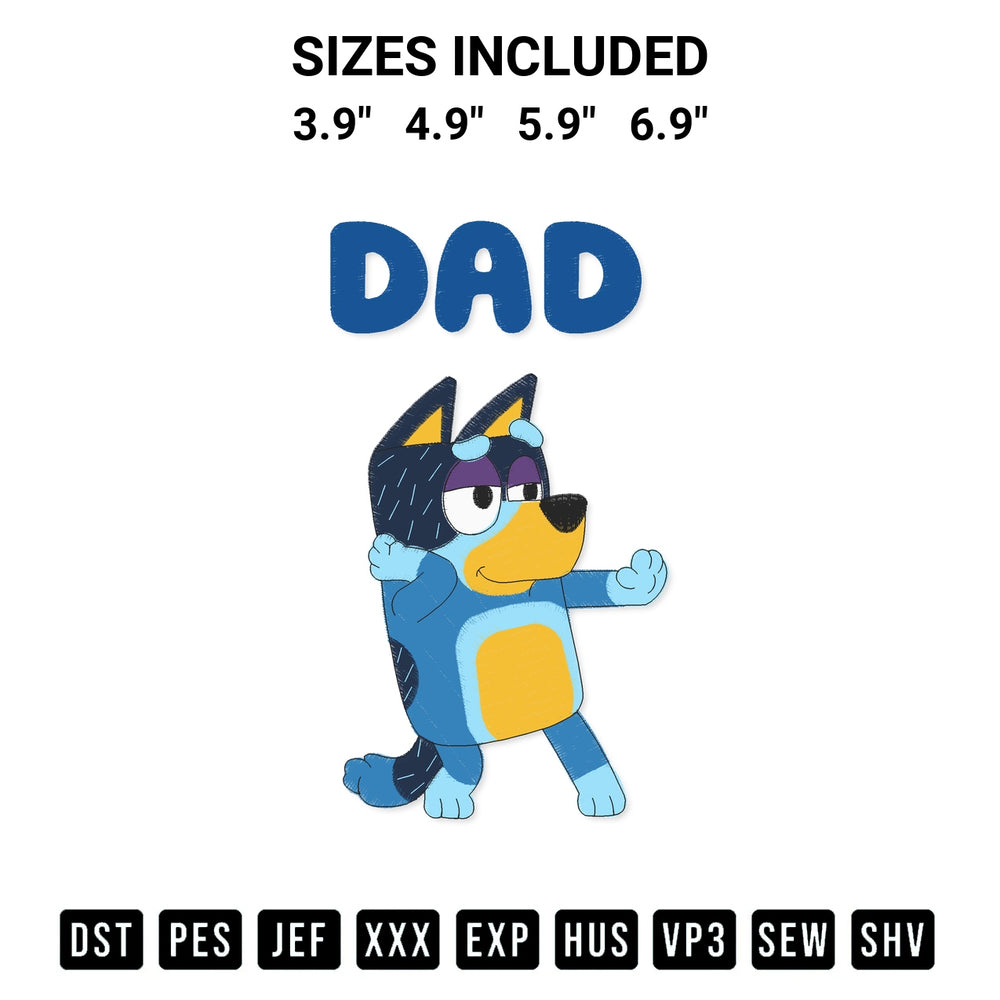 Discover the perfect addition to your crafting collection: Bluey Bandit Dad Embroidery Design embroidery file. Instantly available at Designspacks.com. Available sizes: 3.9", 4.9", 5.9", 6.9".