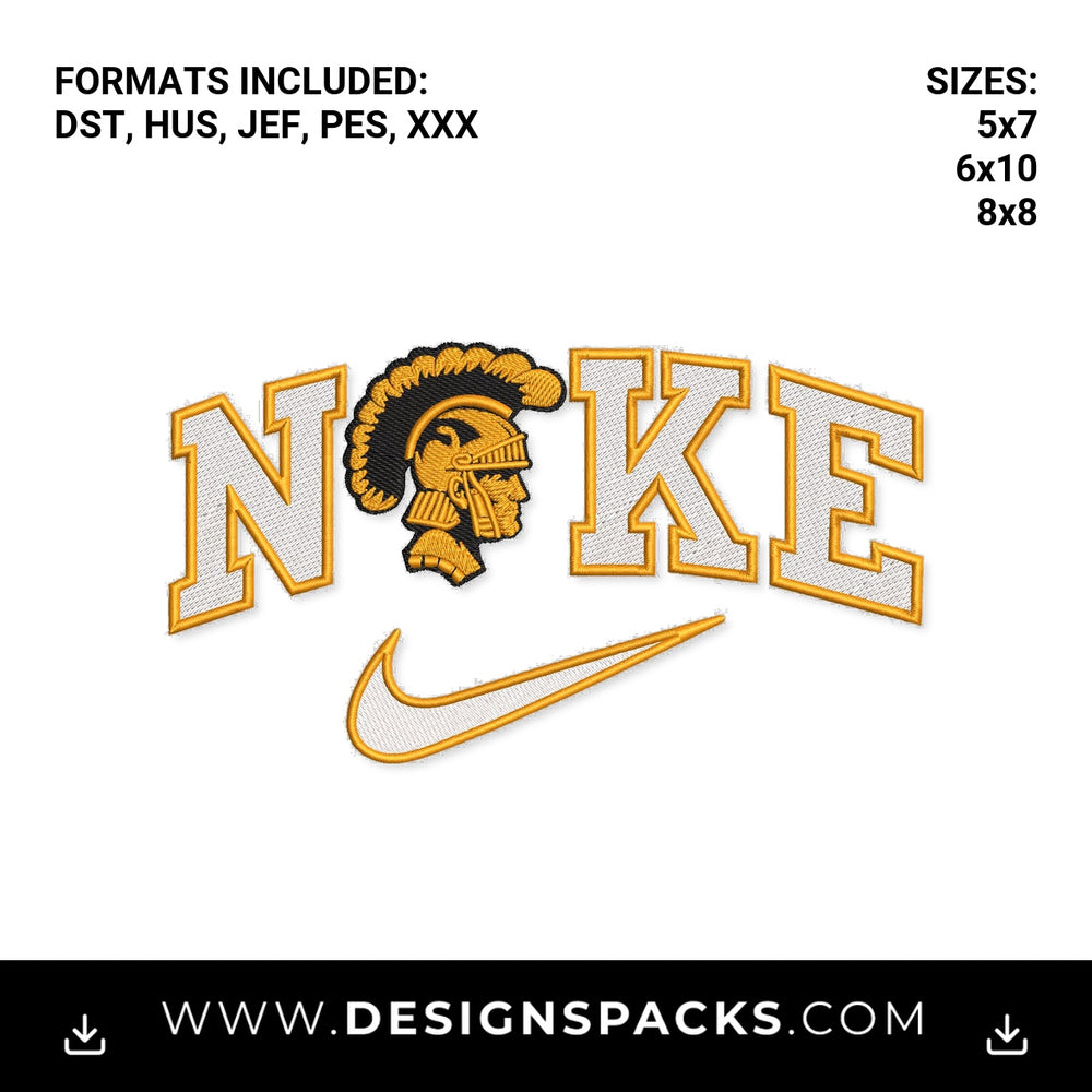 Vintage Trojan Mascot Sports Swoosh Embroidery Design - Instant digital download pattern at Designspacks.com