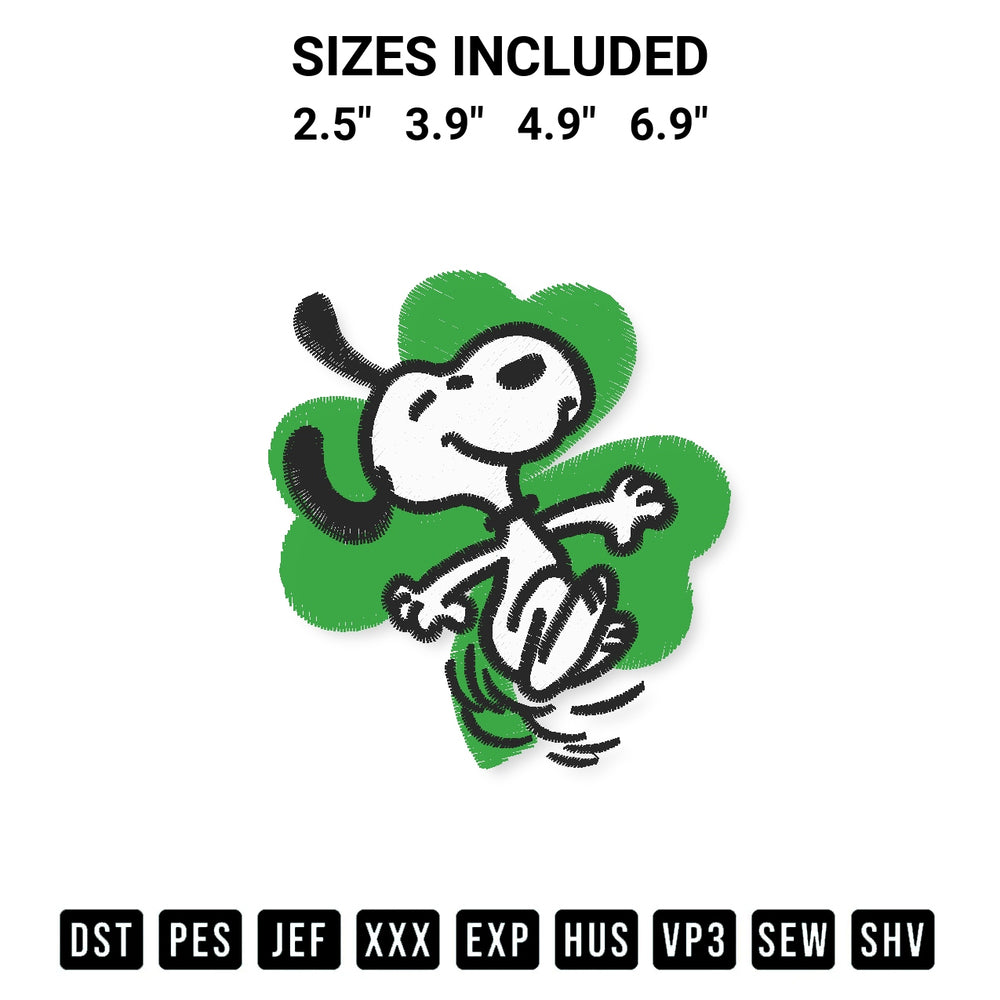 Elevate your next project with our Dancing Snoopy Shamrock Embroidery Design embroidery file. Shop high-quality digital patterns instantly at Designspacks.com. Available sizes: 2.5", 3.9", 4.9", 6.9".