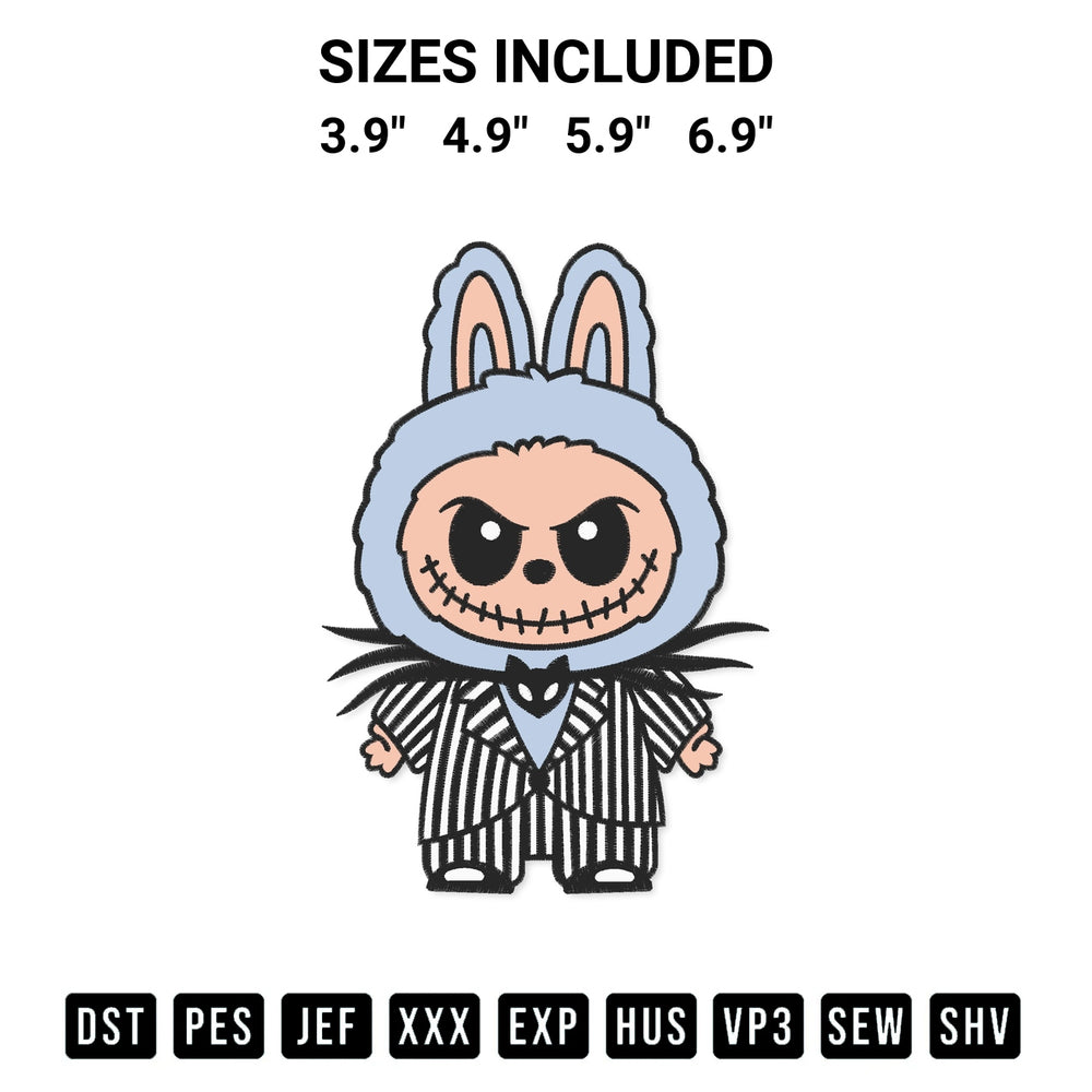 Stitch like a pro with the Jack Skellington Labubu Embroidery Design embroidery pattern from Designspacks.com. High-quality digital machine embroidery file. Available sizes: 3.9", 4.9", 5.9", 6.9".