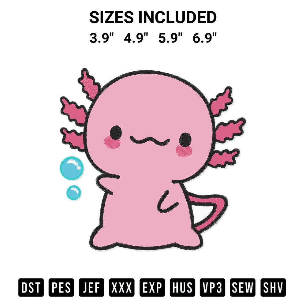 Elevate your next project with our Axolotl Cute Salamander Embroidery Design embroidery file. Shop high-quality digital patterns instantly at Designspacks.com. Available sizes: 3.9", 4.9", 5.9", 6.9".