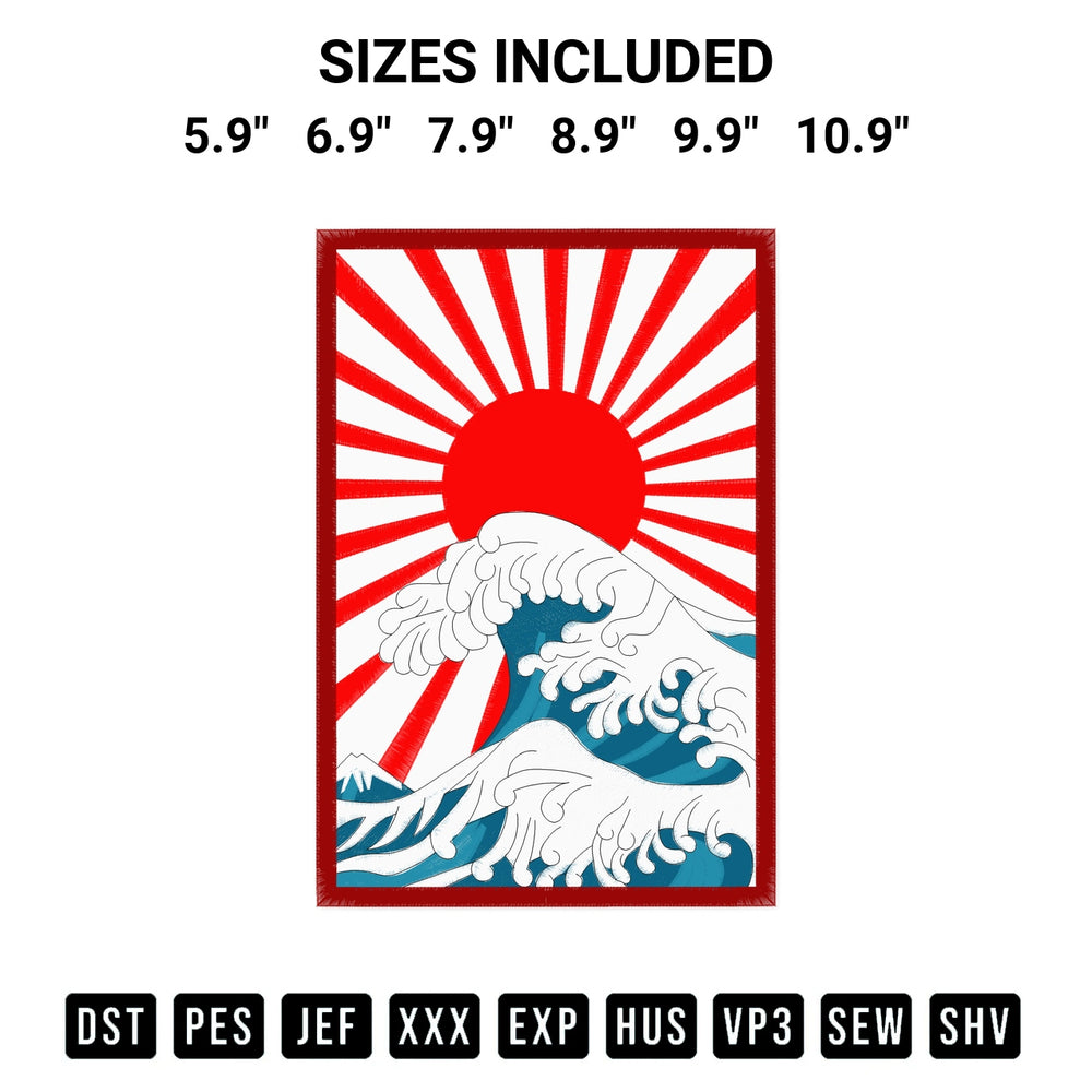 Get the Kanagawa Wave Japan Rising Sun Embroidery Design embroidery design for your custom crafts! Premium digitized files available for instant download at Designspacks.com. Available sizes: 5.9", 6.9", 7.9", 8.9", 9.9", 10.9".