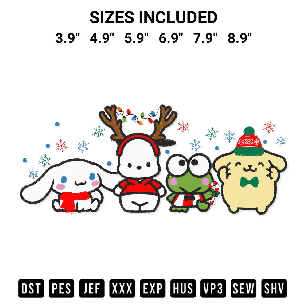 Download the Christmas Sanrio Friends Embroidery Design machine embroidery design exclusively at Designspacks.com. Premium digitized pattern for apparel and DIY crafts. Available sizes: 3.9", 4.9", 5.9", 6.9", 7.9", 8.9".