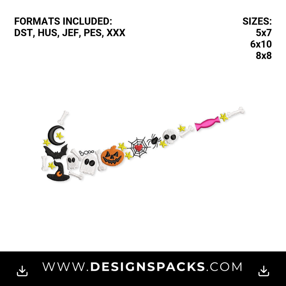 Halloween Spooky Icons Swoosh Embroidery Design - Instant digital download pattern at Designspacks.com