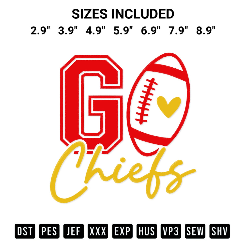 Download the Go Chiefs Football Embroidery Design machine embroidery design exclusively at Designspacks.com. Premium digitized pattern for apparel and DIY crafts. Available sizes: 2.9", 3.9", 4.9", 5.9", 6.9", 7.9", 8.9".