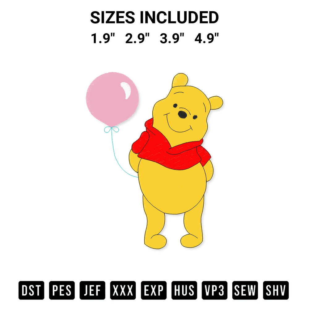 Elevate your next project with our Bear Pooh Holding Balloon Embroidery Design embroidery file. Shop high-quality digital patterns instantly at Designspacks.com. Available sizes: 1.9", 2.9", 3.9", 4.9".