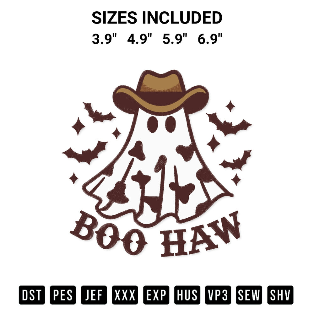 Create amazing crafts with the Boo Haw Embroidery Design embroidery file. High-quality digital download from Designspacks.com, perfect for beginners and pros. Available sizes: 3.9", 4.9", 5.9", 6.9".