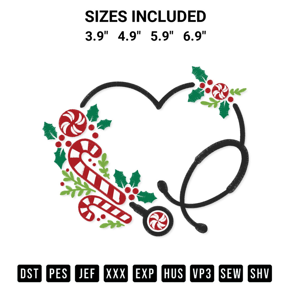Add a unique touch to your apparel with the Christmas Heart Stethoscope Embroidery Design embroidery file. Premium instant download available now on Designspacks.com. Available sizes: 3.9", 4.9", 5.9", 6.9".