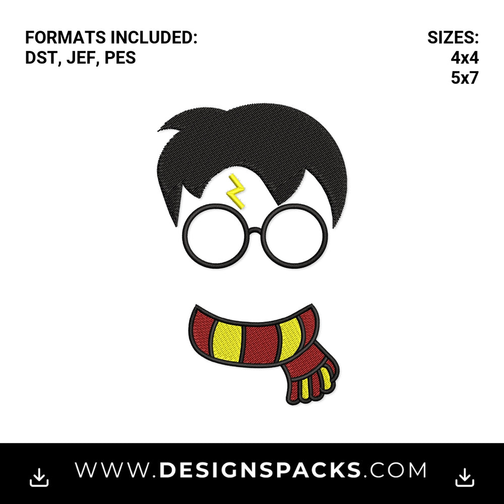 Wizard Boy Hair Glasses Scar & Scarf Embroidery Design - Instant digital download pattern at Designspacks.com