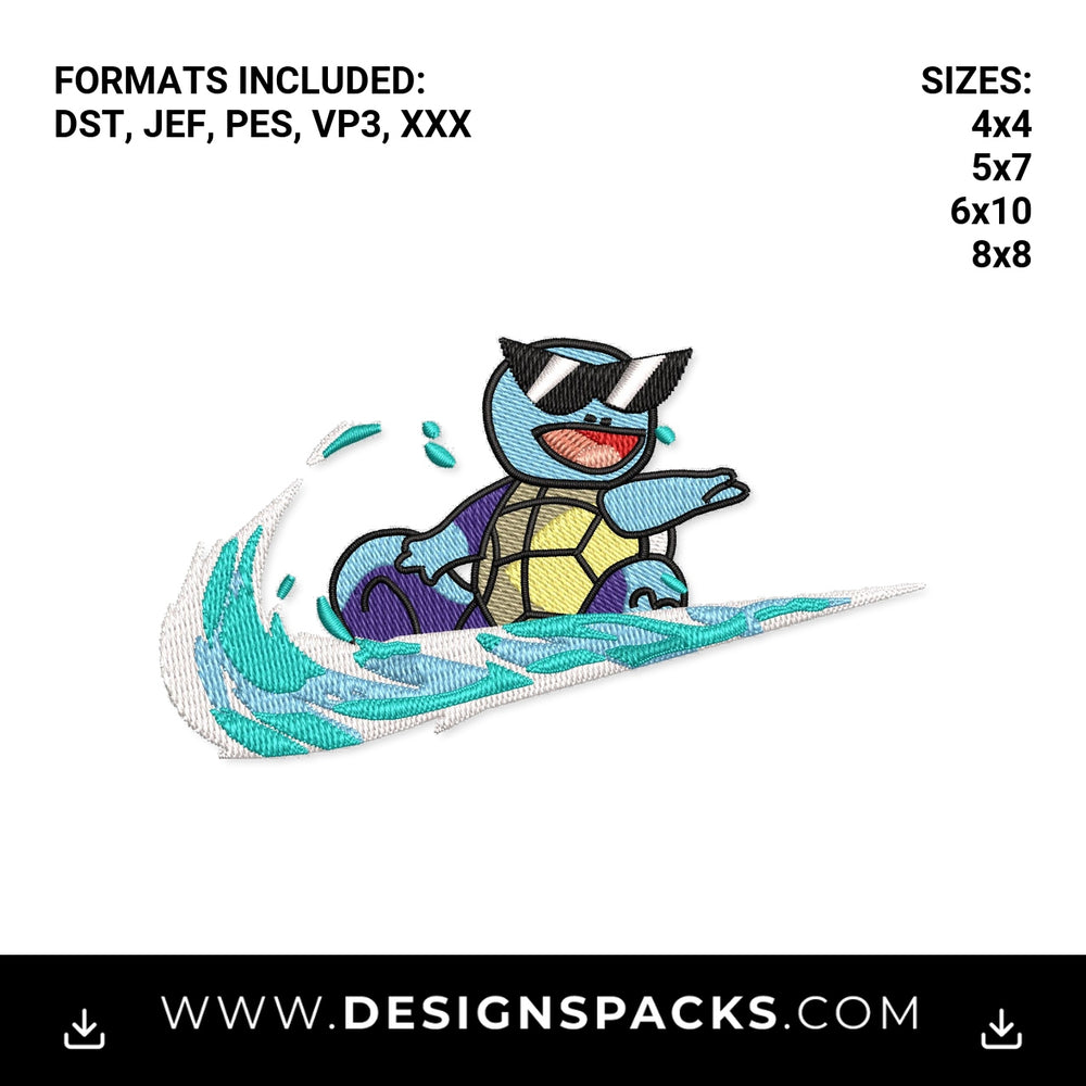 Squirtle Squad Surfing Water Swoosh Embroidery Design - Instant digital download pattern at Designspacks.com