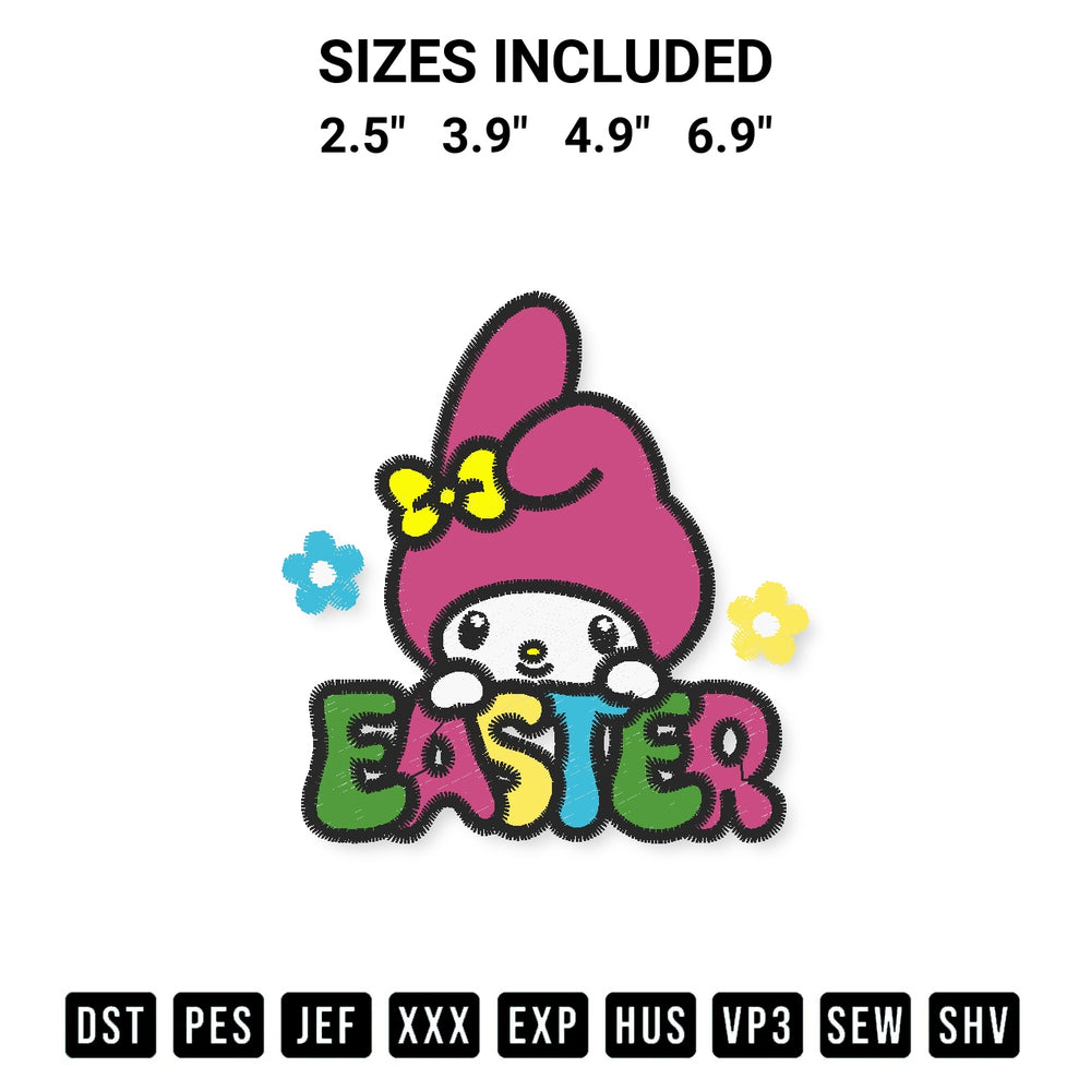 Create amazing crafts with the My Melody Easter Bunny Embroidery Design embroidery file. High-quality digital download from Designspacks.com, perfect for beginners and pros. Available sizes: 2.5", 3.9", 4.9", 6.9".