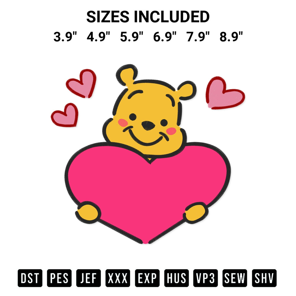 Download the Pooh Bear Hugs Heart Embroidery Design machine embroidery design exclusively at Designspacks.com. Premium digitized pattern for apparel and DIY crafts. Available sizes: 3.9", 4.9", 5.9", 6.9", 7.9", 8.9".