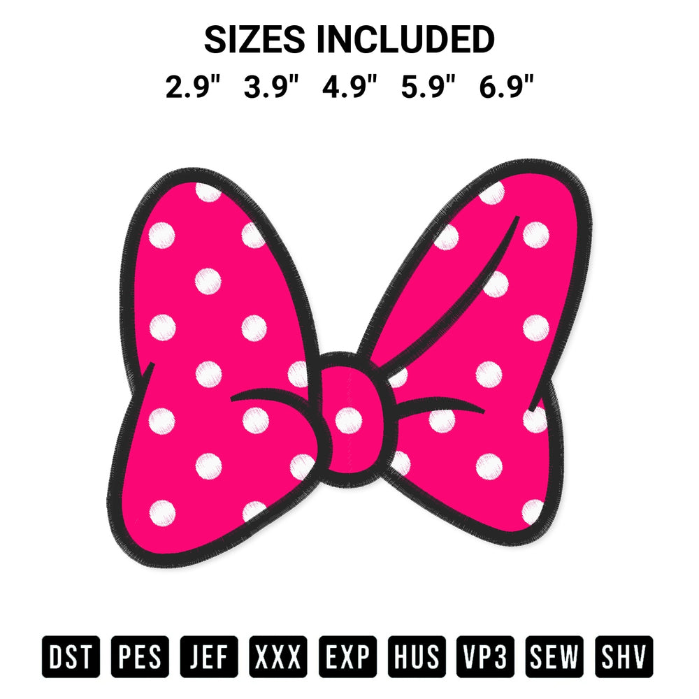 Elevate your next project with our Minnie Bow Embroidery Design embroidery file. Shop high-quality digital patterns instantly at Designspacks.com. Available sizes: 2.9", 3.9", 4.9", 5.9", 6.9".