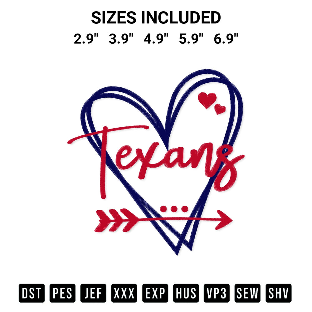 Shop the Houston Texans Heart Embroidery Design machine embroidery pattern at Designspacks.com. Beautifully digitized for flawless stitching on any fabric. Available sizes: 2.9", 3.9", 4.9", 5.9", 6.9".