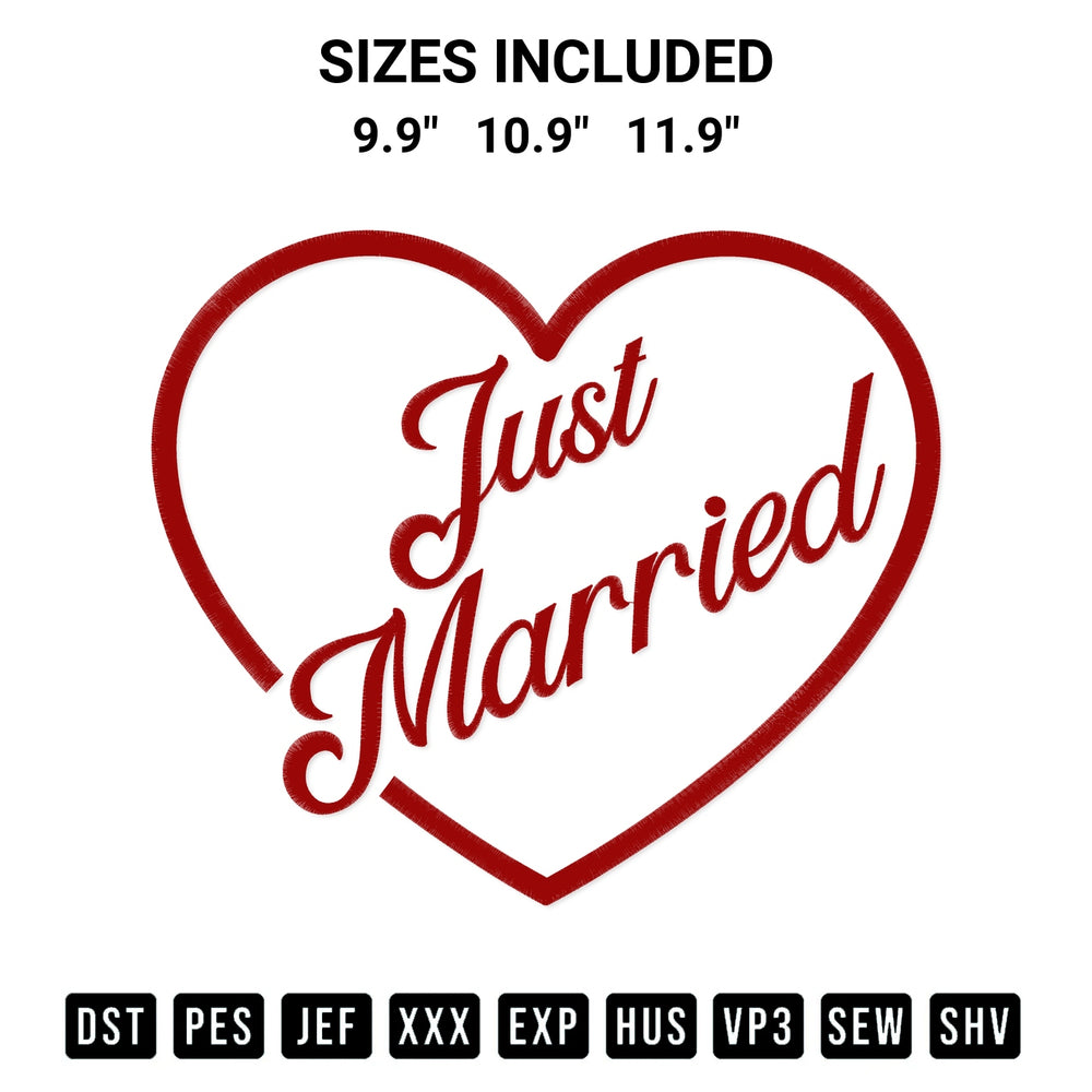 Transform your fabrics with the Just Married Embroidery Design embroidery design. Instant access to premium digitized patterns at Designspacks.com. Available sizes: 9.9", 10.9", 11.9".