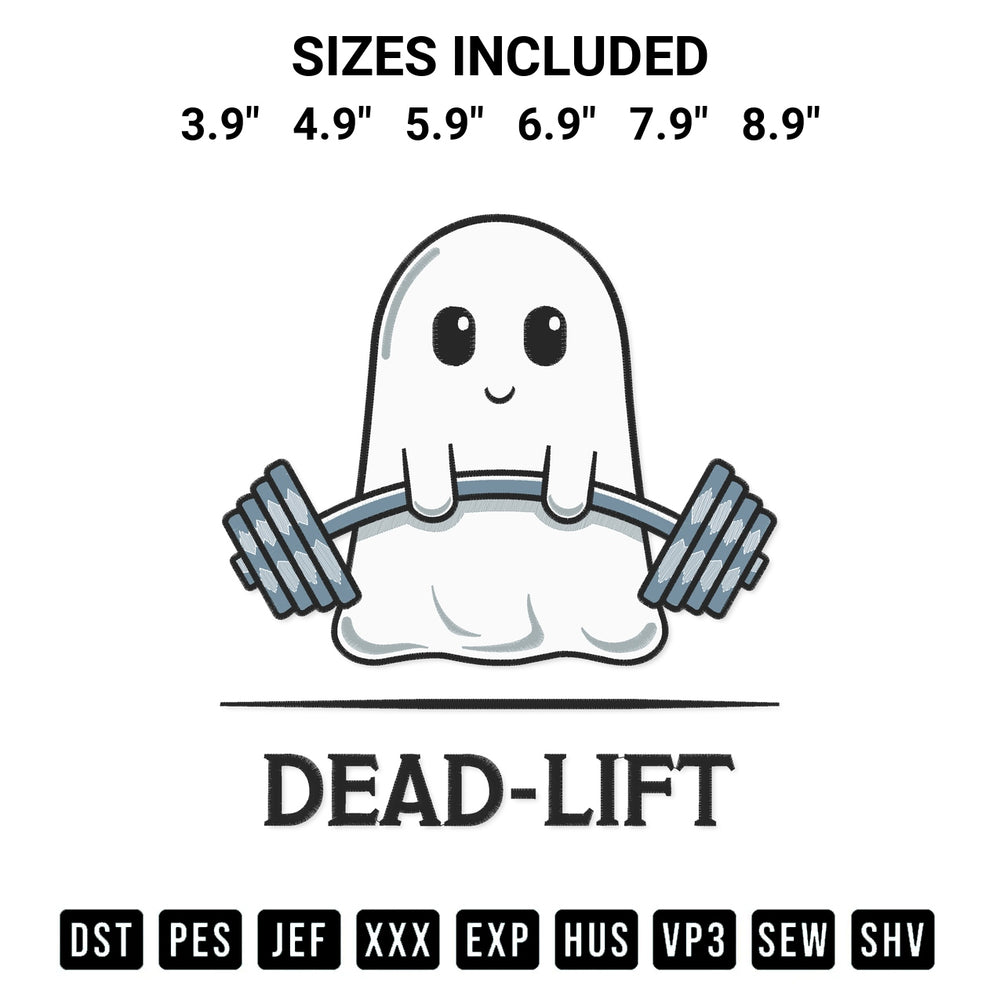 Stitch like a pro with the Ghost Weightlifting Deadlift Embroidery Design embroidery pattern from Designspacks.com. High-quality digital machine embroidery file. Available sizes: 3.9", 4.9", 5.9", 6.9", 7.9", 8.9".