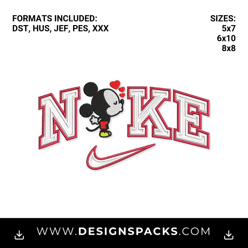 Nike Mickey Mouse Kissing Hearts Embroidery Design - Instant digital download pattern at Designspacks.com