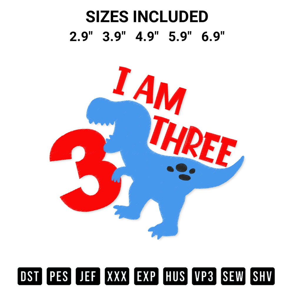 Transform your fabrics with the T Rex Dinosaur I Am Three Embroidery Design embroidery design. Instant access to premium digitized patterns at Designspacks.com. Available sizes: 2.9", 3.9", 4.9", 5.9", 6.9".