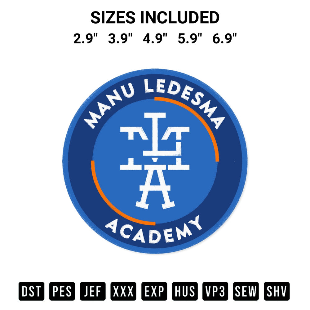 Elevate your next project with our Manu Ledesma Academy Logo Embroidery Design embroidery file. Shop high-quality digital patterns instantly at Designspacks.com. Available sizes: 2.9", 3.9", 4.9", 5.9", 6.9".