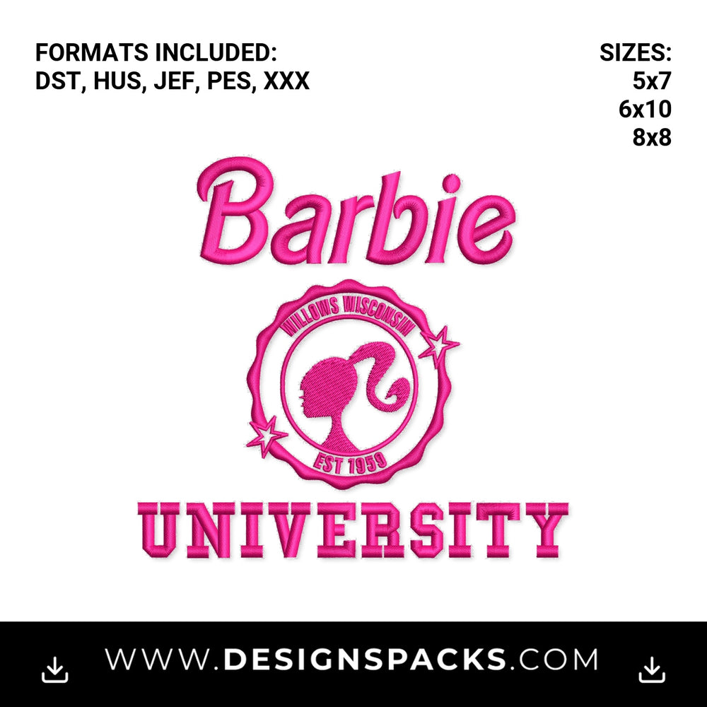 Pink Barbie University Logo Embroidery Design - Instant digital download pattern at Designspacks.com