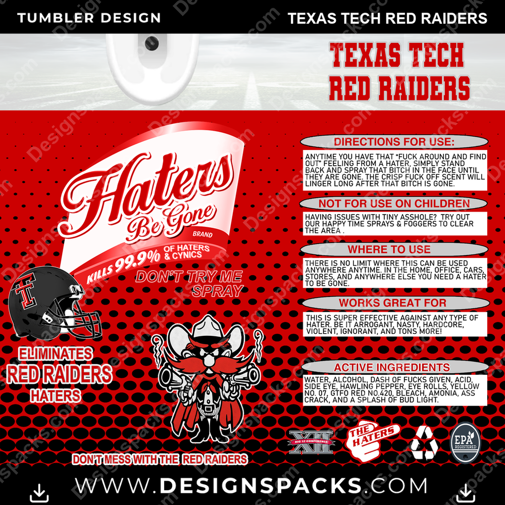 College Sport Haters Be Gone Texas Tech Red Raiders NCAA College Sport Tumbler Digital Wrap Design Download